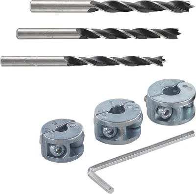 Produktbild von Set mit Tiefenstopps und Holzbohrern – Bohrerset für Holz, inklusive 3 Bohrern (6/8/10 mm) und 3 Tiefenstopps