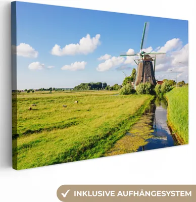 Obrázek produktu pro OneMillionCanvasses® - Obraz na plátně - 140x90 cm, Mlýn - Tráva - Nizozemsko, Nástěnné umění tisk nástěnné dekorace - Fotografie na plátně - Obraz na dřevěném rámu
