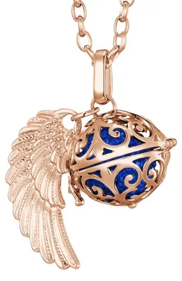 Produktbild von Morella Damen Halskette roségold Edelstahl 70 cm mit roségoldenem Anhänger Engelsflügel und Klangkugel Zirkonia blau Ø 16 mm in Schmuckbeutel