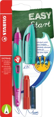 Produktbild von Ergonomischer Schulfüller für Rechtshänder mit Anfänger-Feder A - STABILO EASYbirdy in türkis/neonpink - Einzelstift - Schreibfarbe blau (löschbar) - inklusive Patrone und Einstellwerkzeug