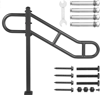A black metal handrail with mounting hardware is displayed against a white background.