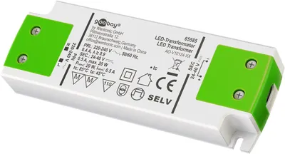 Immagine prodotto di Goobay 65585 Trasformatore di corrente costante per LED 500 mA, 20 W, superpiatto, bianco-verde - per LED con corrente costante di 500 mA fino a 20 W di carico totale nell'intervallo di tensione 24-40 V (DC)