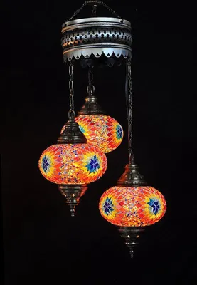 Zdjęcie produktu dla Turecka lampa wisząca z mozaiką – ręcznie wykonana marokańska lampa – 3 kolorowe szklane kulki – autentyczna i niepowtarzalna