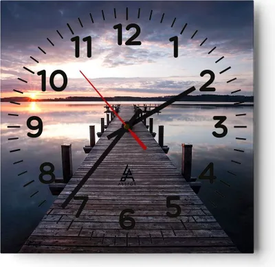 Produktbild von Wanduhr - Quadrat - Glasuhr - Fußgängerbrücke See Sonnenuntergang Abend - 40x40cm - Schleichendes Uhrwerk - Lautlos - zum Aufhängen bereit - Wanddekoration aus Glas - C4AC40x40-2635