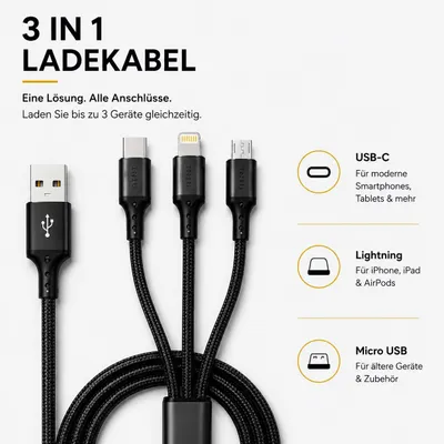 Image de Câble 3 en 1 1,2 m USB vers USB-C Lightning Micro USB noir, E6601