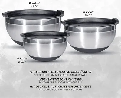 Produktbild von Oishii Edelstahl Rührschüsselset - 3 Stück Durchmesser 16, 20 und 24 cm, stapelbar - spülmaschinenfest