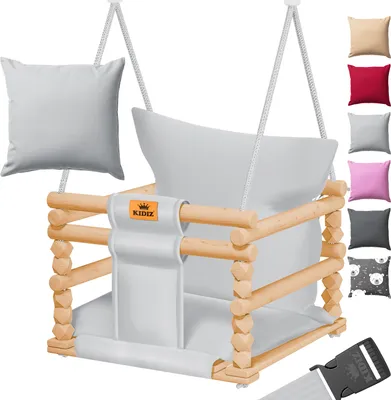 Produktbild von KIDIZ® Babyschaukel Kinderschaukel Schaukelsitz mit Polsterung | Holz-Schaukel mit Anti-Kipp bis 60KG | Höhenverstellbar Indoor & Outdoor | 0,5 - 3 Jahre | Montagezubehör & Sicherheitsgurt