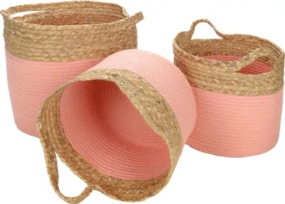 Produktbild von Aufbewahrungskörbe aus geflochtenem Seegras und farbigem Baumwoll-Seil, mit Tragegriffen, 3-er Set Körbe in verschiedenen Größen, (H) ca. 32, 26, 19 cm, rosa