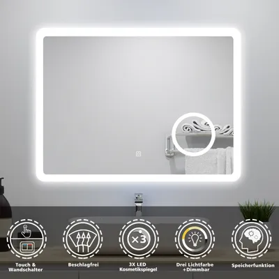 Produktbild von AICA LED Wandspiegel 80x60cm Touch/Wandschalter Beschlagfrei 3 Lichtfarbe Dimmbar Badezimmerspiegel mit 3-Fach Vergrößerung Schminkspiegel IP44