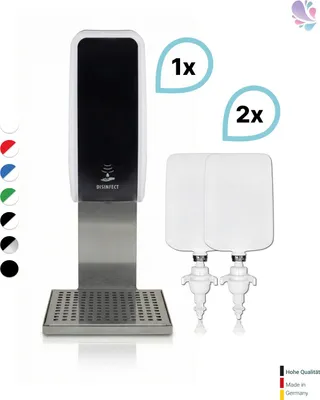 Produktbild von SET: Desinfektionsspender SENSOR Cosmos (berührungslos) +2x1L Händedesinfektion+Edelstahlhalterung mit Auffangschale Wandmontage : Farbe - Schwarz / Weiß Farbe: Schwarz / Weiß