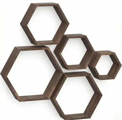 Produktbild von IvoQ Hexagon Wandregale 5er Set - Holz - Rustikales Braun - Schwebende Wanddekoration