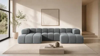 Image de Canapé d'angle Kaiser, forme en U, revêtement en velours Bluvel, couleur bleu-gris, modèle Averro U