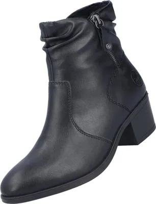 A black leather ankle boot with a ruched shaft and zipper closure.
