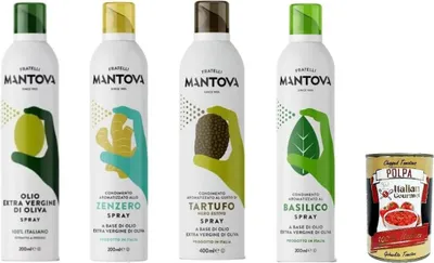 Produktbild von Mantova Ölspray-Set mit italienischem Geschmack, natives Olivenöl, Ingwer, Trüffel, Basilikum, 4 x 200 ml + Italian Gourmet polpa 400g