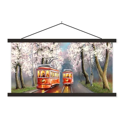 Produktbild von MuchoWow® Textilposter Gemälde - Ölgemälde - Straßenbahn - Blühender Baum 60x30 cm mit schwarzem Rahmen - Textilien