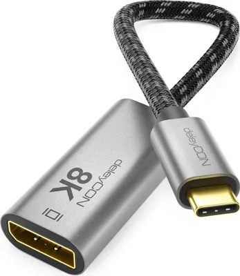 Produktbild von deleyCON 8K USB-C auf DisplayPort 1.4 Adapter - 8K@60Hz 4K@120Hz 1080P WQHD@165Hz 144Hz 120Hz 60Hz Aluminium-Stecker Nylonkabel USB-C Stecker zu DisplayPort Buchse PC Handy Tablet Monitor Schwarz