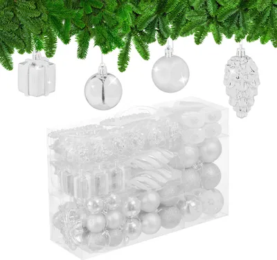 Image de Lot de 72 boules de Noël Relaxdays : boules scintillantes, mates et brillantes, bottes, cœurs et pommes de pin, en plastique, blanc