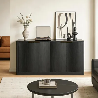 Produktbild von Modernes Sideboard 150cm Schwarz Aufbewahrungsschrank mit Wellenform 4-türig geschwungenes Konturdesign Kommode für Wohnzimmer 150x40x70,5cm