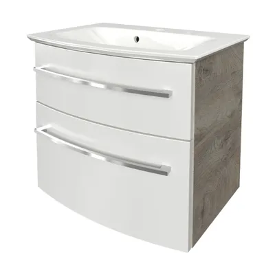 Produktbild von FACKELMANN B.STYLE Badmöbel Set 2 Teile / Gussmarmor Waschbecken / Waschbeckenunterschrank mit 2 Schubladen / hochwertiger Badschrank mit Soft-Close / Korpus: Grau / Front: Weiß / Breite: 63 cm