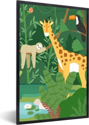 Produktbild von MuchoWow® Gerahmtes Poster Dschungel - Giraffe - Tukan - Faultier 60x90 cm - Poster mit Schwarzem Bilderrahmen Wandposter Rahmen Foto Bilder - Kunst