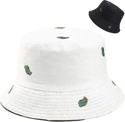 Immagine prodotto di Cappello da pesca da donna Unyqoos® reversibile, realizzato in 100% cotone, taglia unica (54,5–59 cm), con ricamo a cactus, colore nero e bianco, pieghevole, ideale come cappello da sole e da spiaggia
