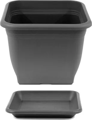 A dark gray square planter and its matching saucer are shown against a white background.