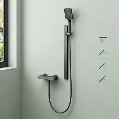 Produktbild von Mai & Mai Duschsystem mit Regendusche Duschkopf 3 Strahlarten höhenverstellbar Duschbrause mit Unterauslauf aus Aluminium Grau  Arvexa-02