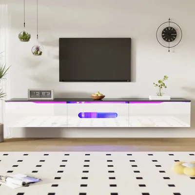 Image de Meuble TV bas - Table basse pour salon - 180 x 35 x 30 cm - Éclairage LED 16 couleurs - Finition laquée - Noir et blanc