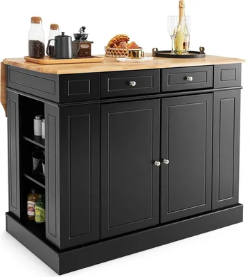 Produktbild von COSTWAY Kücheninsel,Küchenschrank mit erweiterbarer Arbeitsplatte, Schubladen, Seitenregalen und 2 Ebenen Staufach, 120 x 91 x 92 cm (Schwarz)