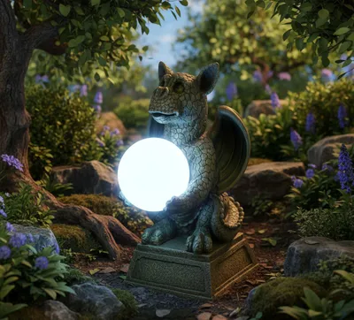 Produktbild von Drache mit LED Solarkugel 30cm Gartenfigur DrachenkindDrachenkind