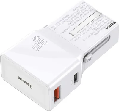 Immagine prodotto di Caricabatterie universale Baseus, QC 3.0, PD, USB + USB-C, 100-240 V, 18 W, EU, USA, UK, AU - bianco