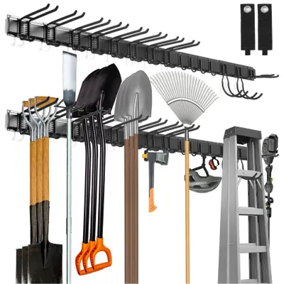 Imagen del producto de Soporte de herramientas para montaje en pared, 203 cm de largo, con 15 ganchos y 2 correas, ideal para garaje y jardín