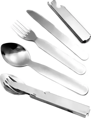 Produktbild von 5-in-1 Campingbesteck Edelstahl Messer Gabel Löffel Dosenöffner Flaschenöffner