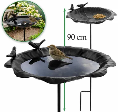Produktbild von Vogeltränke Stehend Metall 90 cm – Vogelbad & Futterstelle mit Erdspieß, wetterfest & Winterfest, für Wildvögel Garten Rasen Hof, Schwarz