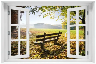 Produktbild von Wallario Premium Glasbild mit Fensterrahmen, freischwebende Optik, kräftige Farben, Größe 60 x 90 cm Motiv Idyllische Holzbank in den Bergen