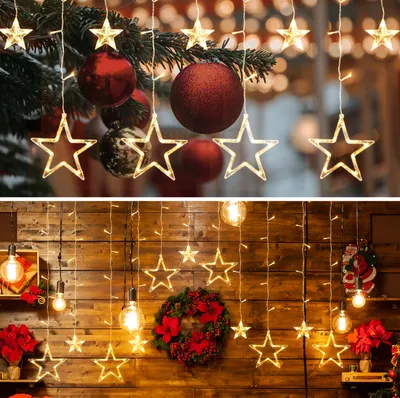 Productafbeelding van Salcar 138 LED, 12 sterren, lichtketting, 8 lichtmodi & geheugenfunctie, 2 meter, lichtgordijn, geschikt voor ramen, kerst, feest, bruiloft, decoratie, warm wit