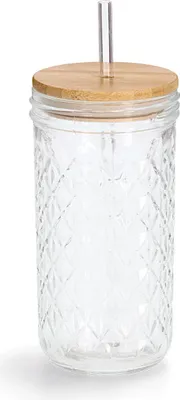 Image de ZELLER 19648 Verre à boire avec couvercle en bambou et paille en verre, Ø 8,9 x 16,4 cm