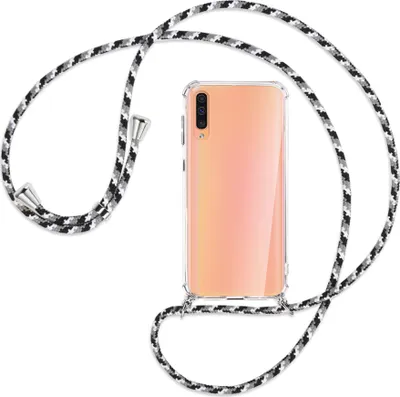 Produktbild von Handykette Backcover-Schutzhülle mit Band (Metall silberfarben) für Samsung Galaxy A50 - schwarz/grau/weiß