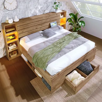 Immagine prodotto di Letto matrimoniale in legno massello, 180x200, con illuminazione LED, porta USB-C, testiera contenitore, cassetti, rete a doghe, senza materasso.