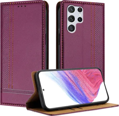Produktbild von Handyhülle für Samsung Galaxy S22 Ultra 5G Leder Flip Klappbare Schutzhülle mit Standfunktion Lila