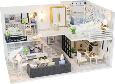 Produktbild von Habarri | Miniaturhaus - DIY-Puppenhaus - Holzhaus mit Möbeln und LED-Beleuchtung - Geschenk für Kinder - Schneeweiß