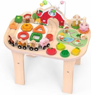 Imagen del producto de Mesa de actividades Montessori de madera, con laberinto de cuentas y clasificador de formas