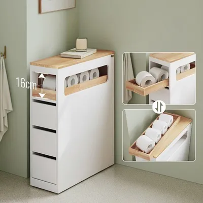 Immagine prodotto di Mobiletto da bagno su ruote, modello stretto in MDF con cassetti