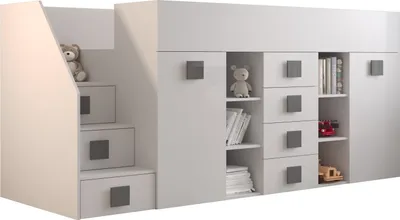 Produktbild von Etagenbett für Kinder Toledo 3 Stockbett mit Treppe, Schreibtisch, Bettkasten (Weiß/Weiß Glanz + graue Griffe, Seite: Links)