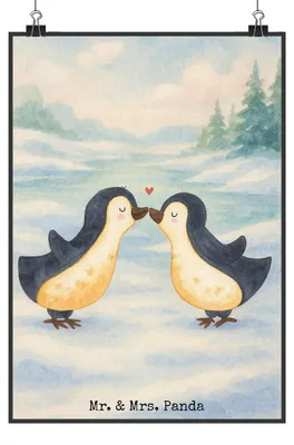 Produktbild von Mr. & Mrs. Panda Bild Pinguin Liebe Design DIN A1 - Weiß - Geschenk, Hochzeitstag, Pinguine, Freundin, wanddeko, Wandbild, kunstdruck poster, Vertraut, Verliebt, Plakat