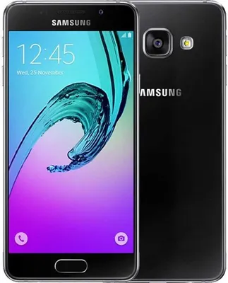 A black Samsung Galaxy A3 2016 smartphone is shown from the front and back.