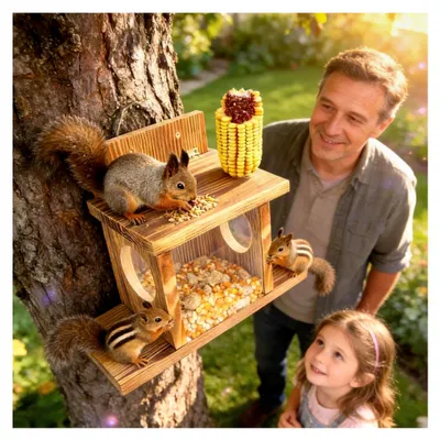 Produktbild von Eichhörnchen Futterhaus - Wetterfestes Holz für Außenbereich | Futterspender für Balkon und Garten