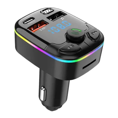 Image de Émetteur FM Bluetooth pour voiture, éclairage d'ambiance bleu, adaptateur radio sans fil pour voiture avec fonction mains libres, double chargeur USB, noir