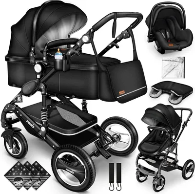 Image de Poussette 3-en-1 - Poussette combinée - Pour voyager avec bébé - Livrée avec tous les accessoires - Dimensions : 87 x 65 x 112 cm