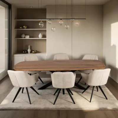 A dining room setting with a wooden oval dining table and six chairs.